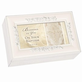 Cottage Garden Blessings to You on Baptism Cross Ivory Petite Jewelry Music Box Plays Jesus Loves Me