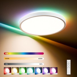 LQWELL® LED Ceiling Light, Dimmable with Remote Control, 24 W, 2500 lm, 3000-6500 K, RGB LED Ceiling Light, Round Flat Ceiling Lighting, IP44 for Living Room, Bedroom, Dining Room, Balcony, Corridor,