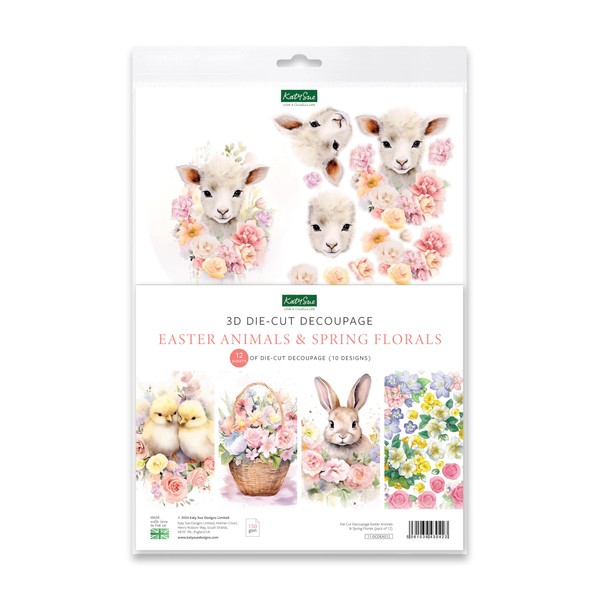 Katy Sue Designs Easter Animals & Spring Florals Die-Cut Decoupage Sheets. A Pack of 12 Sheets of Easter Die Cuts for Card Making Supplies with Lambs, Chicks, Bunnies, & Flowers