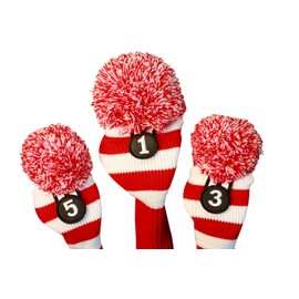 Majek Golf Club Head Covers Driver Metal Fairway Woods Fits up to 460cc Knit Pom Pom Retro Traditional Taylor fit Classic Throwback Vintage Stylish Tour Made Long Neck Sock Headcovers Red & White