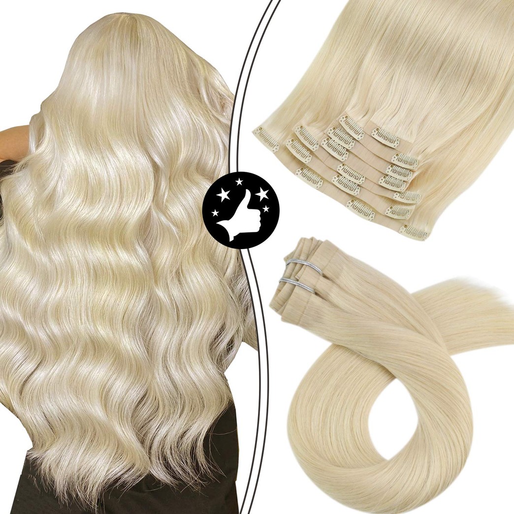 Moresoo Blonde Clip in Hair Extensions Seamless Human Hair Clip Hair Extensions Color #60 Platinum Blonde Hair Extensions Clip in Human Hair Real Hair Extensions Clip in Remy Hair 7pcs 100g