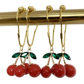 Kinwot Cherry Shower Curtain Hooks Rings for Bathroom Shower Curtain & Liners, Rust Proof Stainless Steel Decorative Curtain Ring with Resin Red Fruit Themed Cherry Bathroom Decor, Set of 12 (Gold)