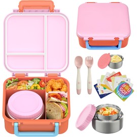 Kids Bento Lunch Box with 9oz Soup Thermo Leakproof Lunch Food Containers 4 Compartment with Insulated Hot Food Jar for Kid Toddler Girls Boys to School, Trvael