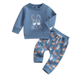 Nicoxijia Baby Boy Easter Outfit Bunny Long Sleeve Sweatshirt Top Rabbit Flower Pants Set Infant Spring 2Pcs Clothes Set (E-Blue, 12-18 Months)