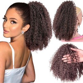 VAVANGA 14inch Short Afro Kinky Curl Ponytail Deep Curly Fluffy Drawstring Ponytail Hair Extension Brown Updo Fake Pony Tail Natural Afro Puff Hair Piece for Black Women - #4(Dark Brown)