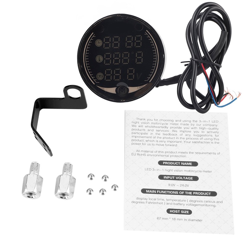 3-in-1 Motorcycle Electronic Digital Thermometer Voltmeter Time Clock Temperature Gauge