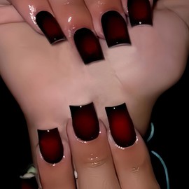 MISUD Press on Nails - Short Square Glue on Nails with Goth Red Black, Acrylic Gothic Vampire Design 24 pcs