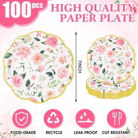 Funnymoom 100 Pcs Pretty Floral Paper Plates 7 Inches Flower Decorative Disposable Dinner Plates Party Plates Garden Decorations for Tea Party Birthday Bridal Wedding Baby Shower (Pink Floral)