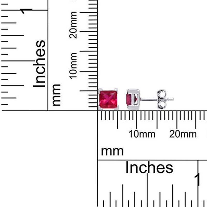 3mm Princess Cut Simulated Ruby Stud Earrings in 14k White