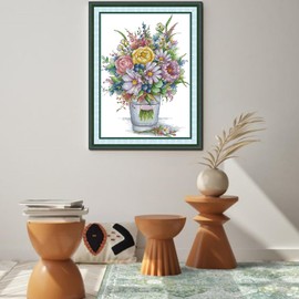 IUHUI 14 Count Stamped Cross Stitch Kits for Beginners Adults, Multicoloured Flower Bouquets Pre-Printed DIY 14ct Embroidery Sewing Starter Kit Needlework Easy Patterns