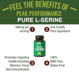 Peak Performance Caffenu Cápsulas L-Serine de 500 mg por máximo rendimiento. Los mejores aminoácidos cerebrales y nootrópicos para la producción de L-