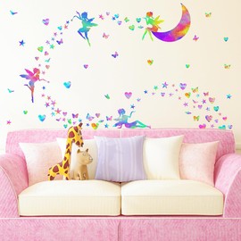 Colorful Fairy Wall Stickers Cute Heart Wall Stickers Butterfly Star Wall Stickers Girly Wall Decals Peel and Stick Fairy Wall Decals for Girls Room Bedroom Nursery Decor