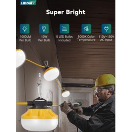 LEDIARY 50FT LED Construction String Lights, 50W 5000LM String Work Light, Linkable Temporary Lighting for Jobsite, Patio, Indoor, Outdoor-ETL Listed