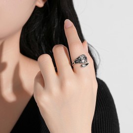 ZOEXUE Sterling Silver Butterfly/Dragonfly/Turquoise/Opal Spoon Ring Vintage Finger Flower Ring Retro Adjustable Wrap Bands Thumb Rings for Women, Sterling Silver