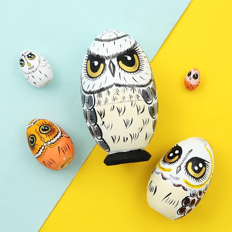 5 Pcs Wooden Owl Dolls Handmade Matryoshka Doll Egg Stackable