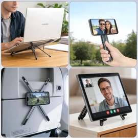 Laptop Stand, PC Stand, Tablet Stand, Foldable, Ergonomic, 8 Levels of Height & Angle Adjustment, Anti-Slip Design, Lightweight, Aluminum, Easy to Carry, Includes Stick-on Magnetic Ring, Compatible