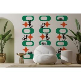 Retro Mid Century Cat in Chains Decal | Modern Art Atomic Cat Decor | Vinyl Home Wall Decal