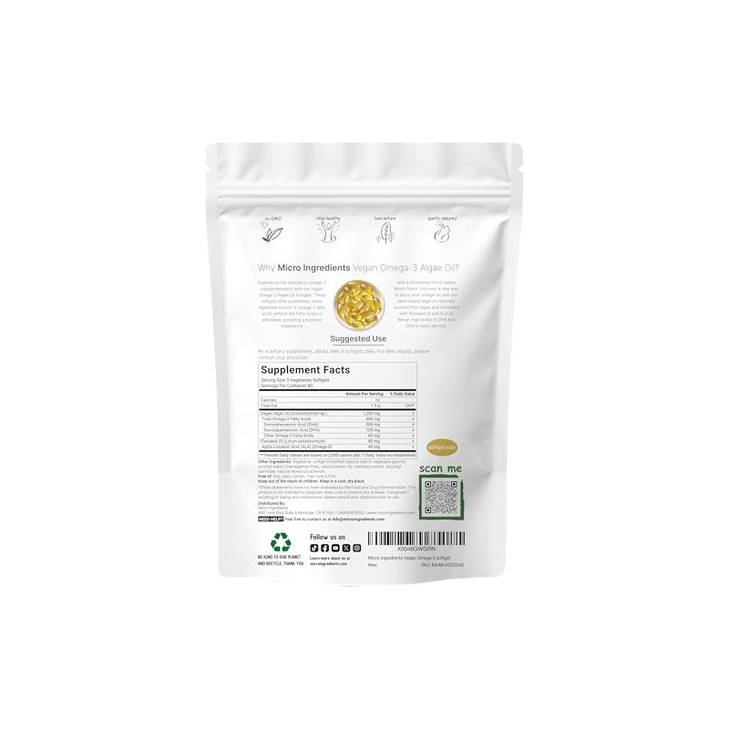 Micro Ingredients Aceite de algas vegano con omega 3, 240