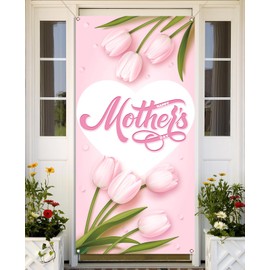 Nepnuser Happy Mother's Day Door Cover Tulips I Love Mom Holiday Party Decoration Front Door Hanging Banner