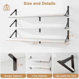 Fun Memories Floating Shelves for Wall, 36 Inches Long Set of 3 Wall Shelves for Bedroom​,​ Floating Bookshelves with Metal Brackets for Living Room, Kitchen, Bedroom and Laundry Room (White)