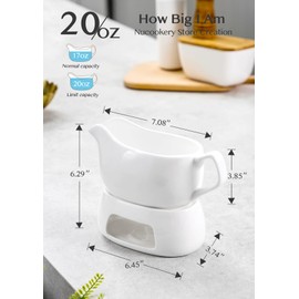 Nucookery Large 20 Oz Gravy Boat with Warmer, White Fine Porcelain Saucier with Big Dripless Lip Spout, Gravy Bowl for Thanksgiving, Warming Sauces, Salad Dressings, Microwave & Freezer Safe(Set of 2)