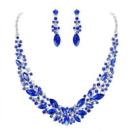 BriLove Wedding Bridal Necklace Earrings Jewellery Set for Women Austrian Crystal Marquise Cluster Collar Dangle Royal Blue Sapphire Color Silver-Tone