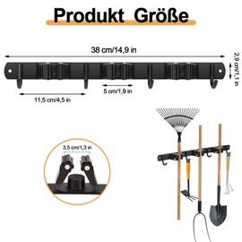 gvivej Stainless Steel Broom Holder, 3 Holders + 4 Hooks Broom Holder Wall, Mop Holder, Black Heavy Duty Tool Holder, for Home, Kitchen, Bathroom, Garage, Garden