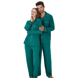 PGJJZ Matching Pajamas for Couples, Button Up Pjs Set for Men and Women Soft Warm Loungewear (Dark Green, L)