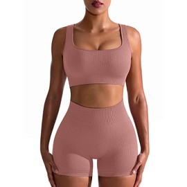 OQQ Workout Outfits for Women 2 Piece Seamless Ribbed High Waist Leggings with Sports Bra Exercise Set Warmpink