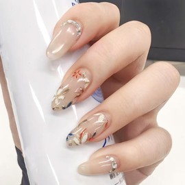 Almond Press on Nails Medium Flowers Fake Nails Glossy Nude False Nails with Floral Acrylic Nails Rhinestone Artificial Nails for Women Girls Nails Decoration 24Pcs
