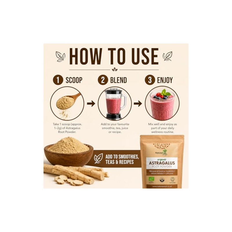 Natures Root Organic Astragalus Root Powder - 500g Herbal Supplement