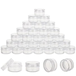 50 Count 5 Gram Sample Containers, Clear Lip Balm Containers with Lids, Small Plastic Sample Jars with 4 Mini Spoons, 50pcs Labels (Clear Lid)