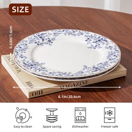 Ceramic Dessert Plates Set of 4，Small Dinner Plates for Snacks, Salad, Tablescape，8 Inch Appetizer Plates for Kitchen (Little Blue Flower)