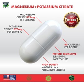 Magnesium Citrate + Potassium 60 Premium Vegan Capsules(Citrate 375 mg) + (375mg Potassium) Non GMO, Gluten Free - High Absorption Supplement Made in USA