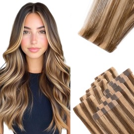 Benehair Injected Tape in Hair Extensions Human Hair Remy Medium Brown Mix Dark Blonde Injected Weft Hair Extensions Real Natural Straight 10 Pcs 16 Inches (25g)
