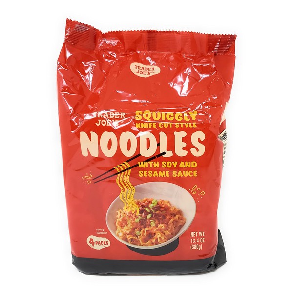 Trader Joe’s Squiggly Knife Cut Noodles with Soy & Sesame Sauce (4 Individual Packs Per Package) Net Wt. 13.4 Oz (380g) - Pack of 1