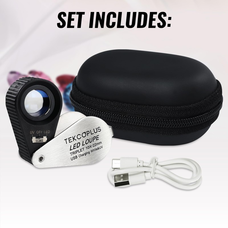 10x Jewelers Loupe Magnifier with UV & LED Lights, 22mm