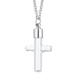 Pitmmord Fashion Cross Necklace Stainless Steel Glass Vial Pendant Memorial Keepsake Cremation Ashes Necklace(White)