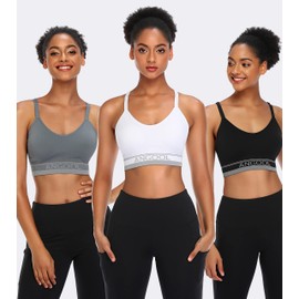 ANGOOL Sports Bras Women Padded Seamless Yoga Bra Wireless Adjustable Straps Longline Running Gym Training Bra, Black+Grey+White, L