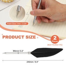 PATIKIL 1.0mm Feather Ballpoint Pens Bulk, 2Pcs Black Ink Vintage Plated Rod Quill Writing Pens for Office Wedding Guest Signature Style 2, Black/Silver