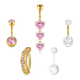 Briana Williams 5pcs 14G Belly Button Bar Ring Gold Stainless Steel Navel Piercing 10mm Pink Heart CZ Belly Jewelry for girl women