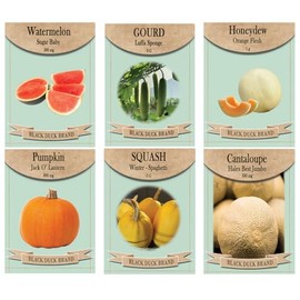Set of 6 Melon & Gourd Garden Seed Collection – Grow Sweet Melons, Pumpkins, and Unique Gourds – Non-GMO, Heirloom, High Germination – Cantaloupe, Watermelon, Luffa & More
