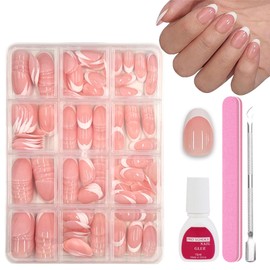 OKAQEE 240 Piece False Nails Tips Set - Almond French Full Cover Nail Tips - Artificial Nails Nail Art Manicure Fake Nails for Women and Women (Almond French)