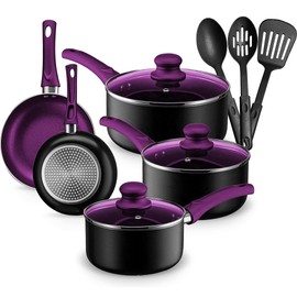 Chef’s Star Aluminum Pots and Pans Set for Kitchen - Nonstick Stackable Induction Cookware, 11 Pcs, Purple