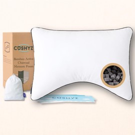 CUSHYZ Adjustable Bamboo Charcoal Memory Foam Pillow – 28x20 Moon-Shaped Design for Neck & Shoulder Support – 400TC Organic Cotton Cover with Plush Padding – for Back, Side & Stomach Sleepers