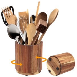 Natural Acacia Wood Utensil Crocks, 360° Rotating Utensil Holder, Holds 15-20 Spoons & Cooking Tools, Kitchen Countertop Organizer