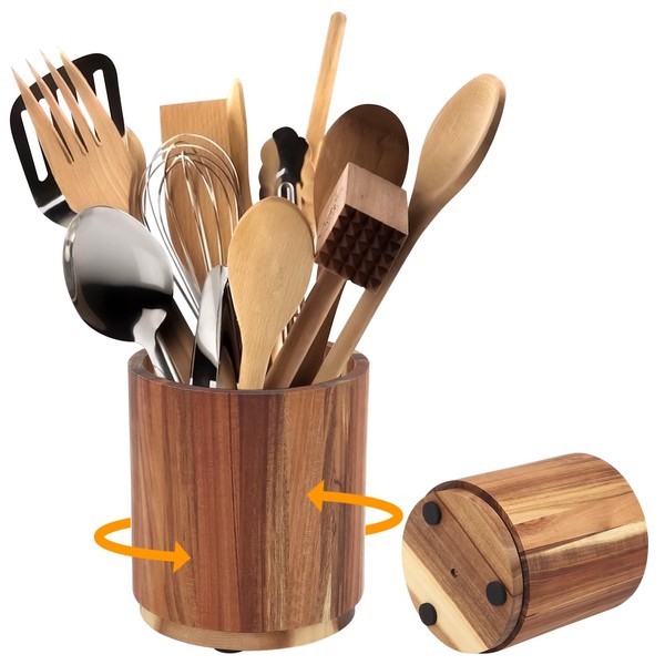 Natural Acacia Wood Utensil Crocks, 360° Rotating Utensil Holder, Holds