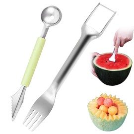 2 Pieces Melon Cutters, Watermelon Cutter, 2-in-1 Watermelon Fork Cutter, Ball Cutter and Carving Tool, Melon Cutter Made of Stainless Steel for the Kitchen