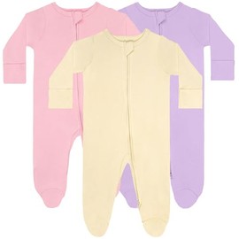 GUISBY Long Sleeve Baby Footed Pajamas with Mittens Cotton Sleepers with Zipper 3-Pack Peach+Purple+Light Champagne 3-6 Months