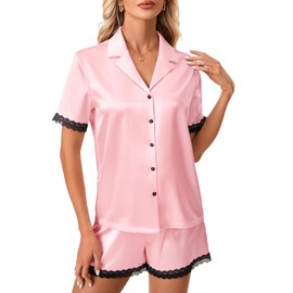 Rooscier Women's Satin Contrast Lace V Neck Button Down Shirt and Shorts Pajamas Set Pink Medium